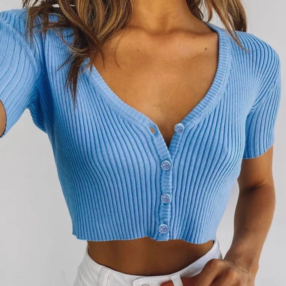 New Blue Ribbed Medium Button Front Crop Shirt